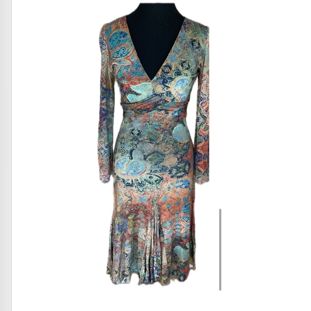 Alberto Makali Gorgeous V Neck  Paisley Long Sleek Mesh Fanned  Dress.